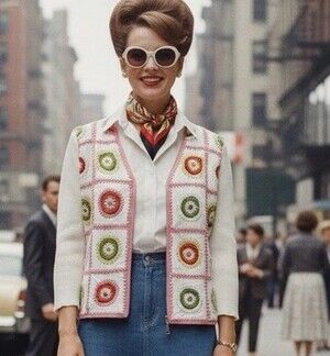 ONE GIRL WHO Boho Crochet Patchwork Retro 70s Cardigan Jacket Cream Pink  M